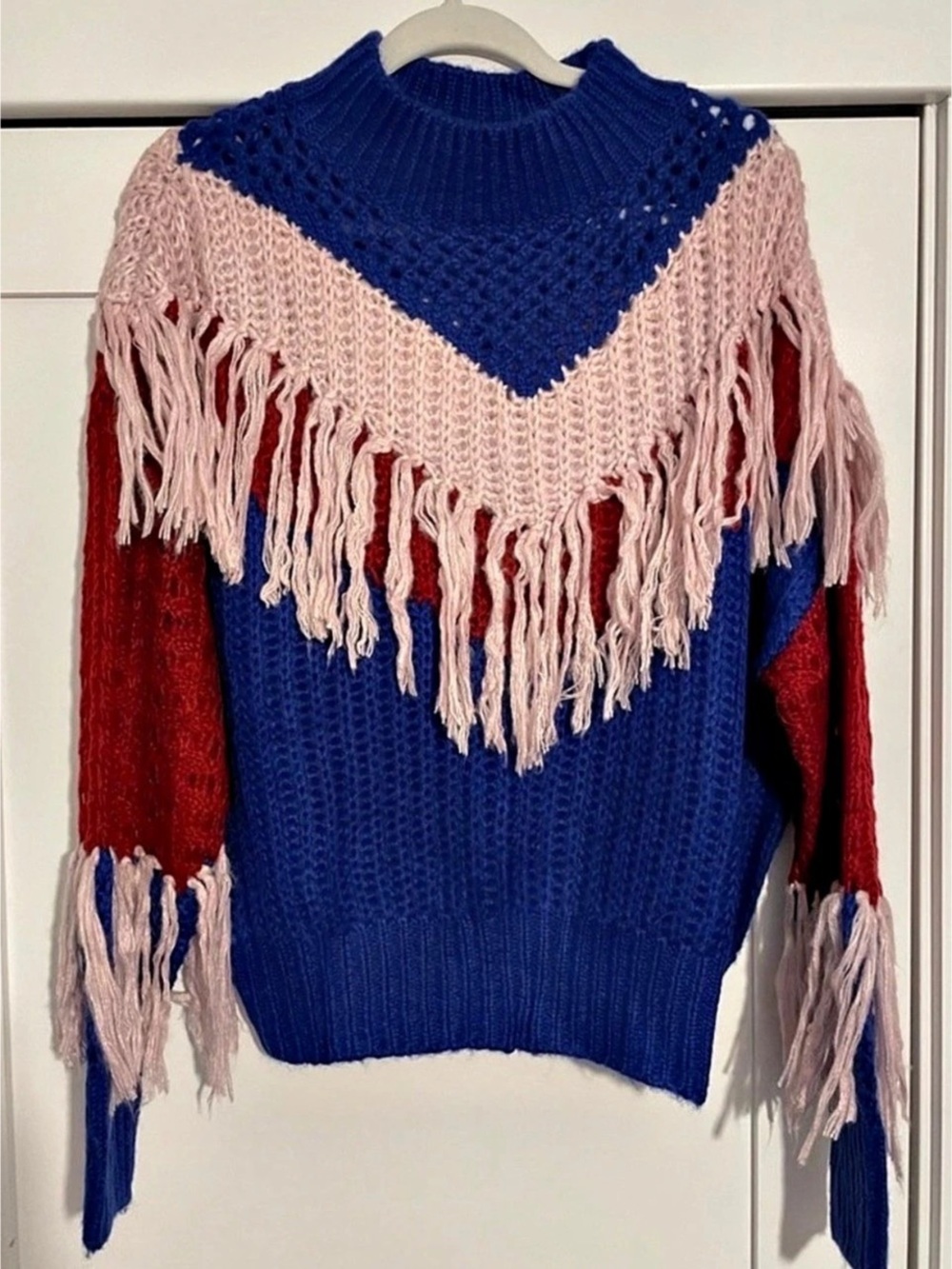 NWT Allison New York Petra Fringe Sweater Blue & Pink Medium